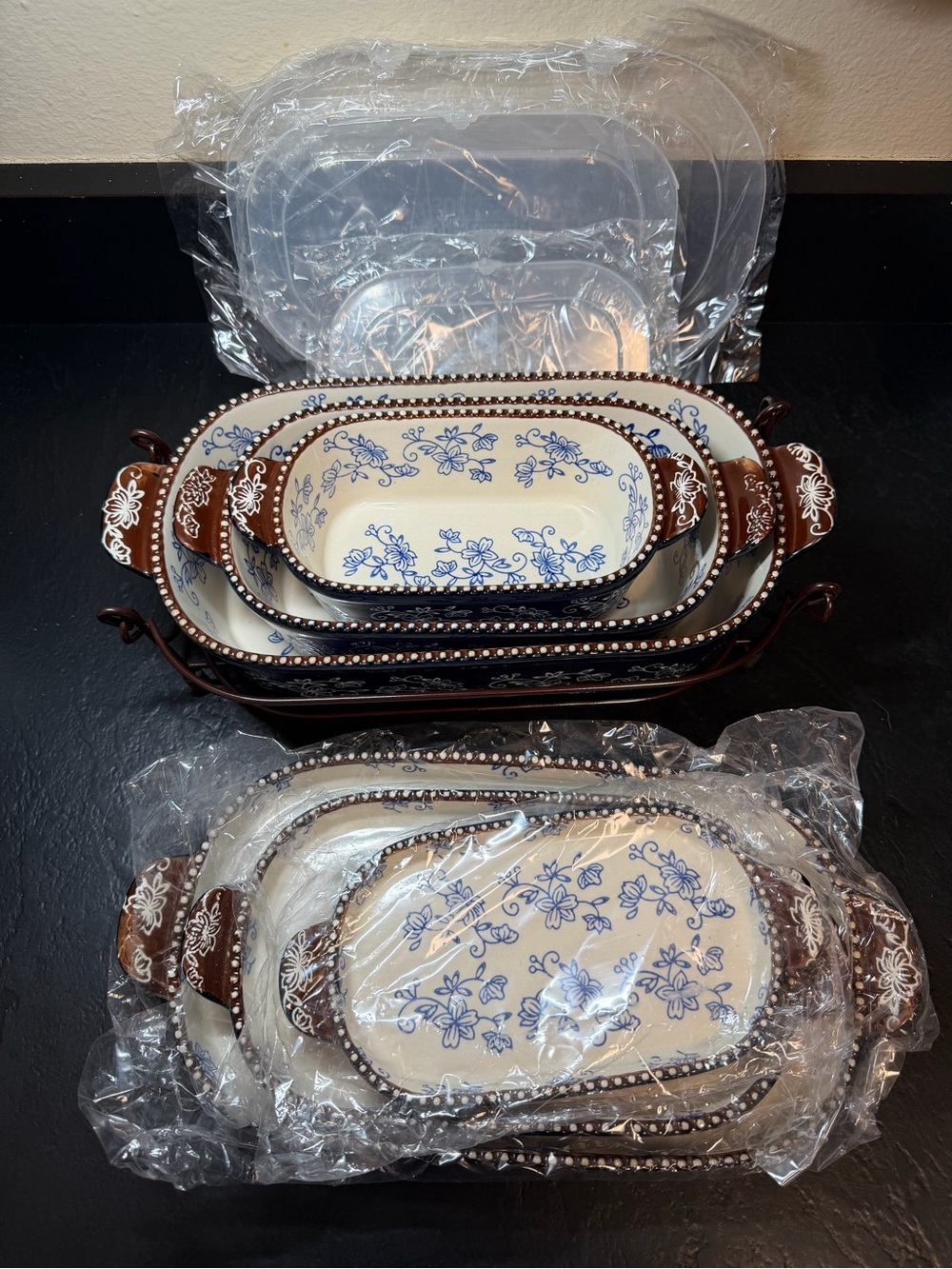 Temp tations Floral Lace ceramic bakeware set.  Set of 3 Nested Oval Dishes